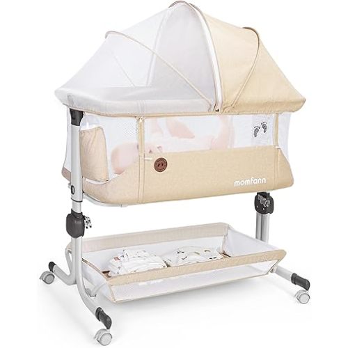 Baby Bassinet Bedside Sleeper, Upgraded Stability Bedside Crib with Full Mesh Sides, Soft Sheet, 6-Height Adjustment, Storage Basket, Easy Folding Portable Bassinet for Newborns, Oatmeal