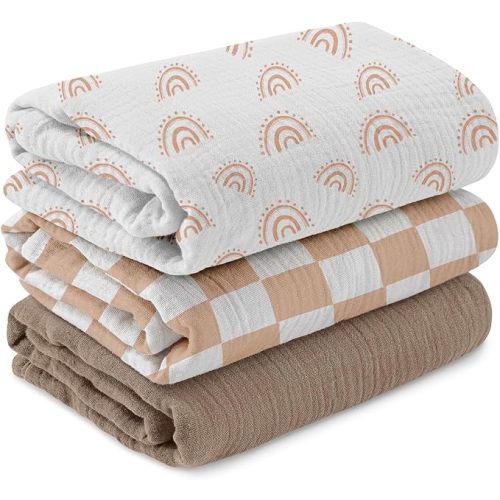 Muslin Swaddle Blankets for Newborn, 3 Pack Breathable Soft Receiving Blanket, Large 38 x 40 inches Swaddle Wrap Burping Clothes Diapers, Essentials Infant Shower Items, Toddler Gift (Rainbow & Grid)