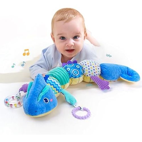 Baby Toys 0-6 Months, Baby Musical Toys - Stuffed Animal Activity Soft Toywith Rattles, Crinkle, Bell;Baby Sensory Teething Toys for Tummy Time Newborn Boys Girls Gift (Blue Chameleon)
