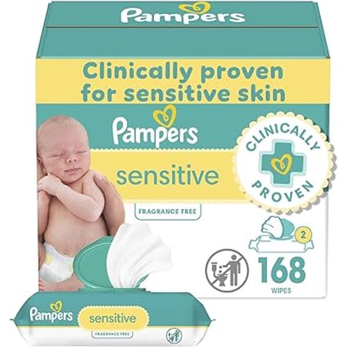 Pampers Baby Wipes Sensitive, Water Based Baby Wipes, Hypoallergenic and Unscented Baby Wipes, 168 Wipes Total (2 Flip-Top Packs)