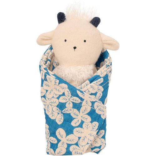 Manhattan Toy Embroidered Plush Goat Baby Rattle + Soft Cotton Burp Cloth, 16 x 16 Inches