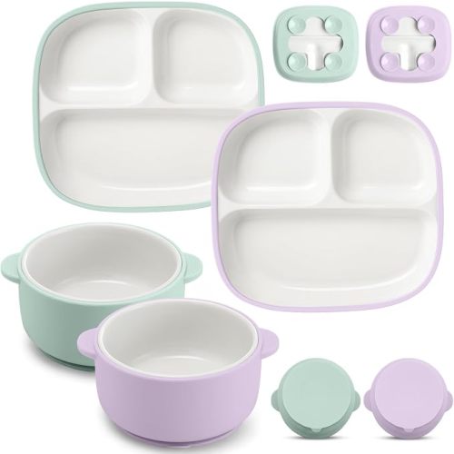 4 Pcs Square Porcelain Kid Suction Plate Bowl, Teal Green, Purple