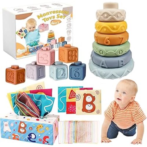 Montessori Baby Toys 6-12 Months, 4 in 1 Montessori Toys Set 6 Months Old+, Stacking Building Blocks Infant Toys, Tissue Box Toy, Baby Sensory Toys for 1 2 3 Year Old Boy Girl