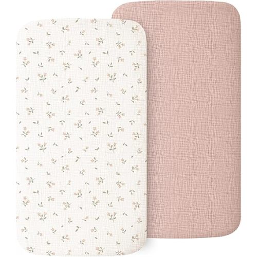MairMore 2 Pack Muslin Fitted Bassinet Sheets for Babies, Soft & Breathable 100% Cotton Bedside Sleeper Bassinet Sheet, Moses Basket Oval Rectangle Pad/Mattress (Pink Blossom)