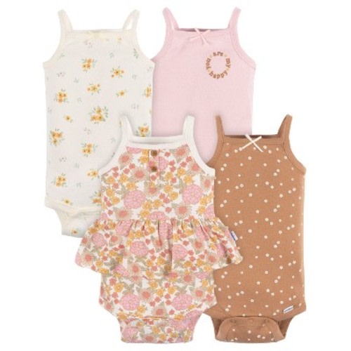 Gerber Baby Girls' Onesies Bodysuits - 4-Pack, Color: Retro floral, Size: 6-9 months