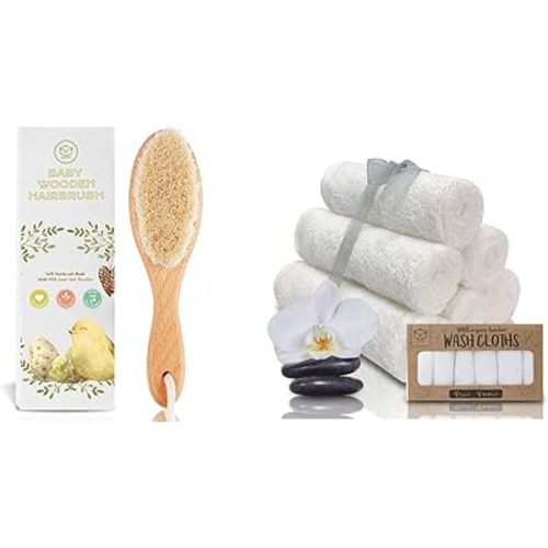 Baby Hair Brush & Bamboo Viscose Baby Washcloth Set for Newborn - Baby Bath Grooming Essential - Suitable for Delicate Newborn Scalp, Skin and Cradle Cap
