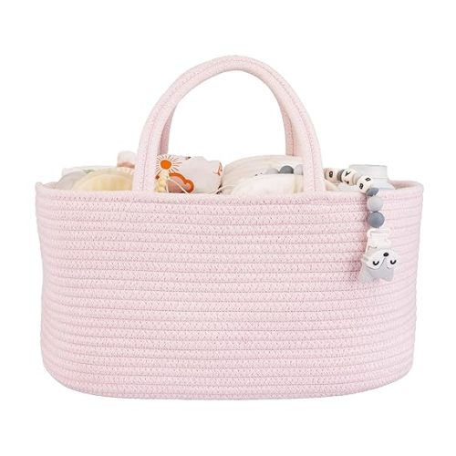Large Baby Diaper Caddy Organizer for Girl Boy Rope Nursery Storage Bin Basket Portable Holder Tote Bag for Changing Table Car Travel Baby Shower Gifts Newborn Essentials Registry Must Haves Pink