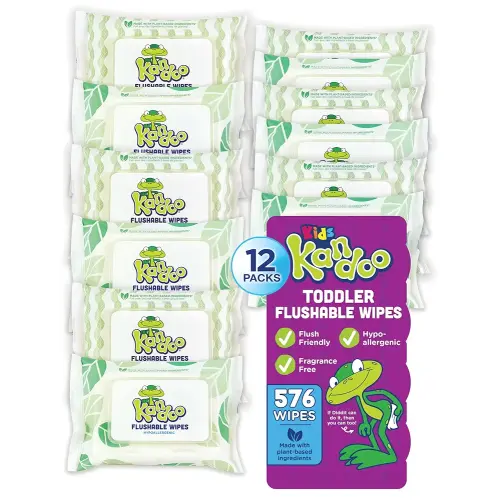 Flushable Wipes for Baby and Kids by Kandoo, Sensitive and Unscented Formula, Hypoallergenic Potty Training Wet Cleansing Cloths , 48 Count, Pack of 12