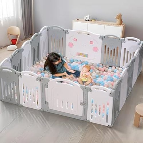 UANLAUO Play Yard Baby Playpen 18 Panel, Baby Fence Play Area for Babies and Toddlers Foldable, Adjustable Shape, Easy to Assemble Indoor/Outdoor, Baby Play Yard, Baby Fence & Play Area (Grey+White)