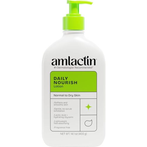 AmLactin Daily Nourish Therapeutic Body Lotion for Dry Skin - No-Scrub Exfoliator and Moisturizer 12% Lactic Acid Lotion, 14.1 oz (Packaging May Vary)