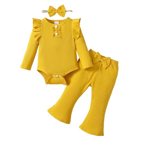 YWFSHOP Infant Baby Girls Outfit Cute Ruffle Sleeve Ribbed Knit Romper Bodysuit and Flare Pants Clothes Set 3 Piece