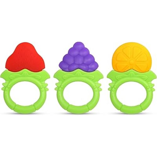 RaZbaby Fruitique Infant & Baby Massager & Teether Toy 3-Pack, Fruit-Shaped Multi-Texture Teethers Soothe Sore Gums, Non-Toxic BPA-Free Food-Grade Silicone, Hands-Free & Easy to Hold, 3M+