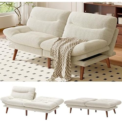 AMADA HOMEFURNISHING Futon Sofa Bed with Adjustable Backrest & Armrests, Convertible Futon Sofa Couch for Small Spaces, Living Room or Office, Corduroy Futons Sofas Bed(White)