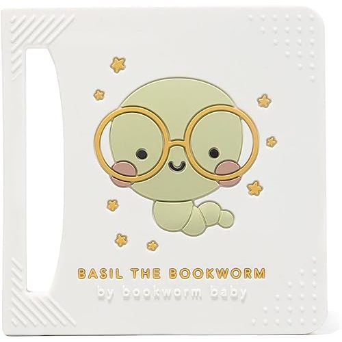 Basil The Bookworm Baby Teether - Premium BPA Free Silicone Teething Toy | Perfect for Baby Showers | Unique Book-Shaped Design | Freezer & Dishwasher Safe (Age: 3+ Months)