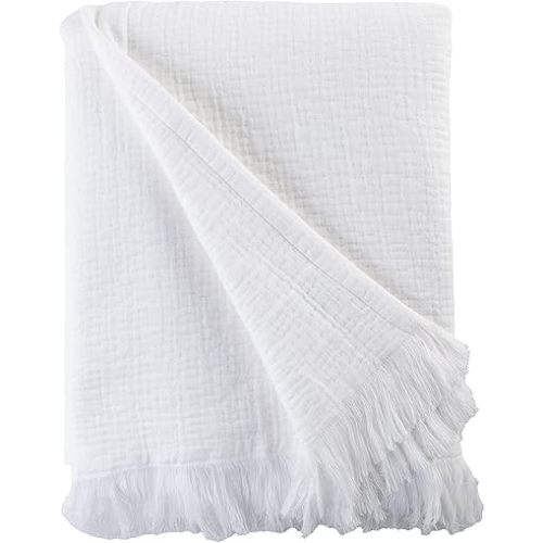 Sticky Toffee Muslin Throw Blanket 60x50 in – White Lightweight 100% Cotton Blanket for Couch or Bed, Soft and Breathable, Boho Farmhouse Style