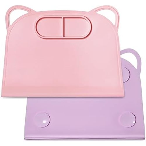 Domensi 2 Pack Silicone Suction Placemat with Teething Edge Bumper/spill for Baby Toddlers Kids with Storage Bag, Non-slip Dinning Table Mat, Dishwasher Safe for Table (Pink Purple)