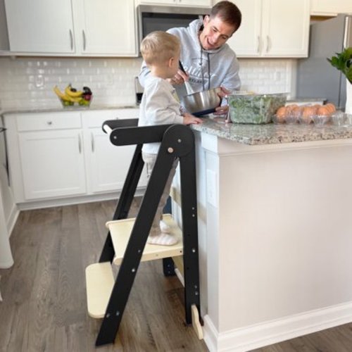 HARPPA Foldable Toddler Kitchen Tower, Standing Stools for Kids Age 1.5-6 Years, Black
