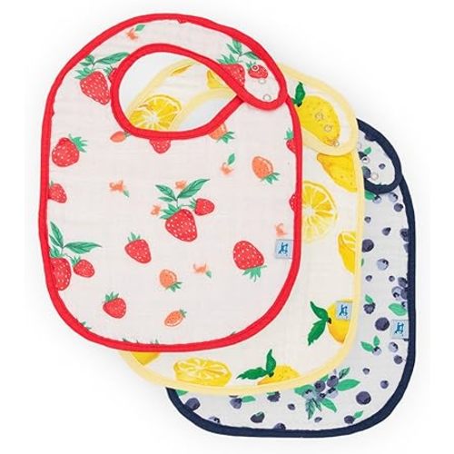 Little Unicorn Cotton Muslin Classic Bib 3 Pack– 100% Cotton – Machine Washable - Softer with Every Wash – Playful Designs - 3 Lightweight, Breathable Layers – for Boys and Girls (Berry Lemonade)