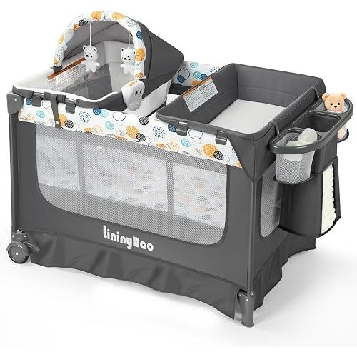 5-in-1 Pack and Play, Portable Playpen with Mat, Pack and Play with Bassinet, Foldable Baby Playpen, Changing Table, Easy Setup, Breathable Mesh Sides and Soft Fabric (Gray + Polka Dots)