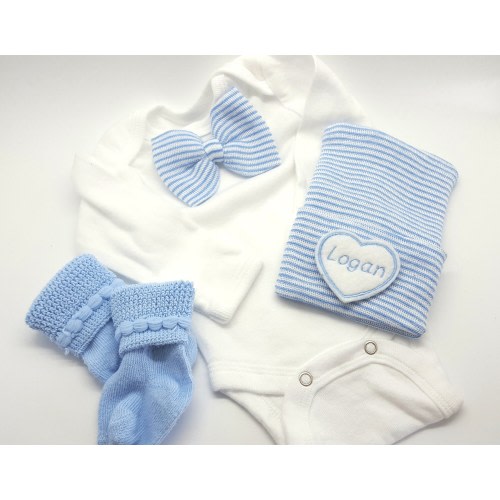 Personalized Newborn Boy Bow tie outfit with hat and sock set. Blue & White Striped Bow-tie. Gift Set. Newborn hat with Personalized heart.
