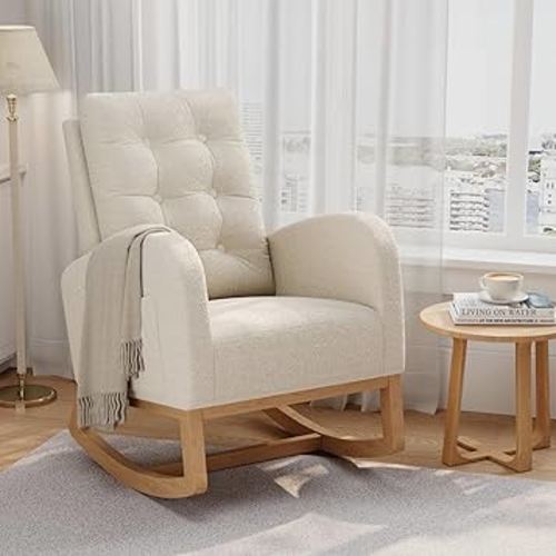 GarveeHome Nursery Rocking Chair, Teddy Fleece Upholstery, Sturdy Wooden Legs & High Backrest, Comfortable Glider Rocking Chair for Living Room or Bedroom, White