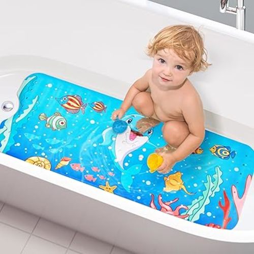 Vannokor Baby Bath Mat for Tub Non Slip Kids, 40 X 16 Inch Extra Long Bathtub Mat with Drain Holes and Suction Cups, Anti Slip Shower Mat Machine Washable, Dolphin