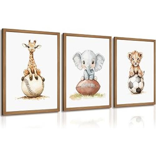 Sports Nursery Wall Art Baby Boys Room Canvas Pictures Safari Animal Wall Decor Jungle Nursery Prints Kids Poster Cute Painting Football Soccer Baseball Artwork for Bedroom 16x24x3 Inch Wood Framed