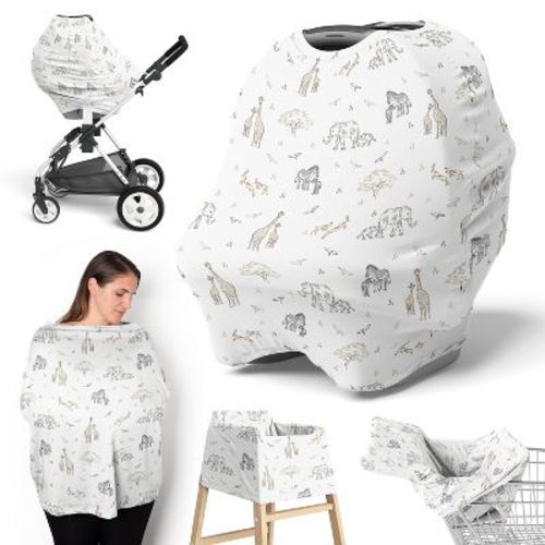 Sweet Jojo Designs Boy, Girl, Unisex/Gender Neutral 5-in-1 Multi Use Baby Nursing Cover Serengeti Animals Taupe Grey and White