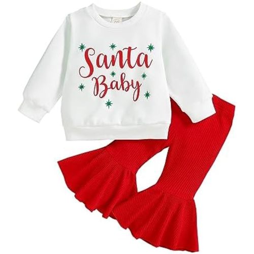 SAYOO Ropa de otoño para niñas pequeñas, sudadera con estampado de letras para la primera Navidad y pantalones rojos acampanados, trajes de Navidad para bebés