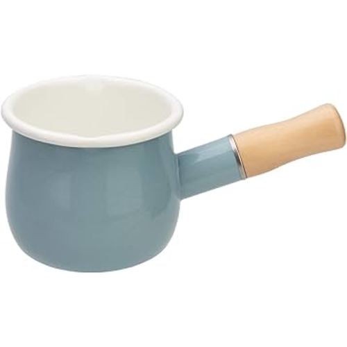 Enamel Milk Pot, Butter Warmer Non-stick Mini Saucepan, 4 Inch 17 Oz Small Cookware with Wooden Handle(Sky Blue)