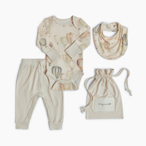 Tiny Kind Bamboo 3-Piece Outfit Set-Long Sleeve Bodysuit, Pants & Bib - Up Up Away, Nb