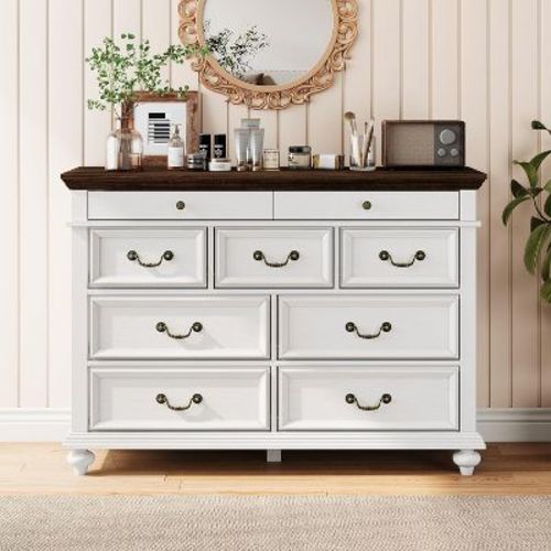 9 Drawers Dresser for Bedroom, Farmhouse Wood Chest of Drawers with Rustic Handle