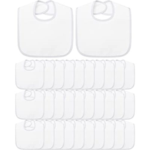 30 Pack Sublimation Blanks Baby Bibs Bulk 2 Ply Waterproof Absorbent White Bibs Unisex Baby Drool Bib with Hook and Loop Sublimation Feeder Bibs for Baby Decorating Feeding Teething Drooling