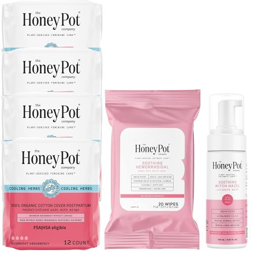 The Honey Pot Company - Postpartum Essentials Bundle - 48ct Postpartum Pads, Witch Hazel Feminine Wash, 20ct Witch Hazel Feminine & Hemorrhoid Wipes