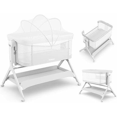 INFANS 5 in 1 Baby Bassinet, Upgraded Rocking Bedside Sleeper with Wheels, Storage Basket, Travel Bag, Mosquito Net, Height Adjustable, Portable All Mesh Crib for Newborn/Infant (Light Grey)