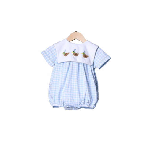 French Knot Party Duck Blue Gingham Short Sleeve Bubble