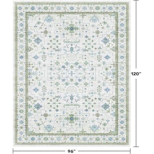 Blue and Green Living Room Rug 8x10 - Cream Oushak Vintage Boho Floral Farmhouse, Washable Low Pile Non-Slip Extra Large Area Rugs for Bedroom, Girls, Boys, Playroom, Lounge