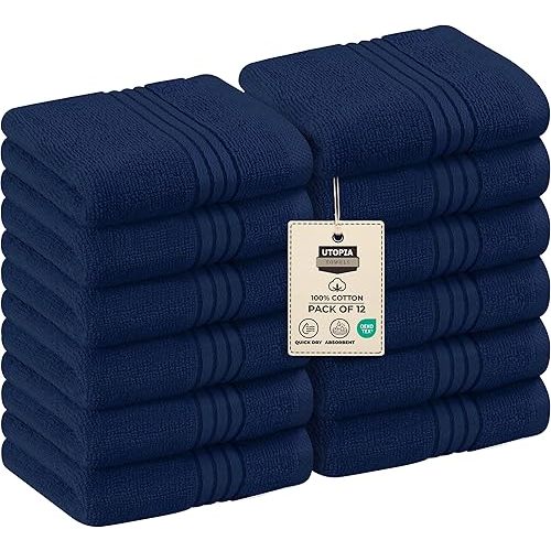 Utopia Towels 12 Pack Premium Wash Cloths Set, 12 by 12 Inches, 100% Cotton Ring Spun, Highly Absorbent and Soft Feel Washcloths for Bathroom, Spa, Gym, and Face, Navy