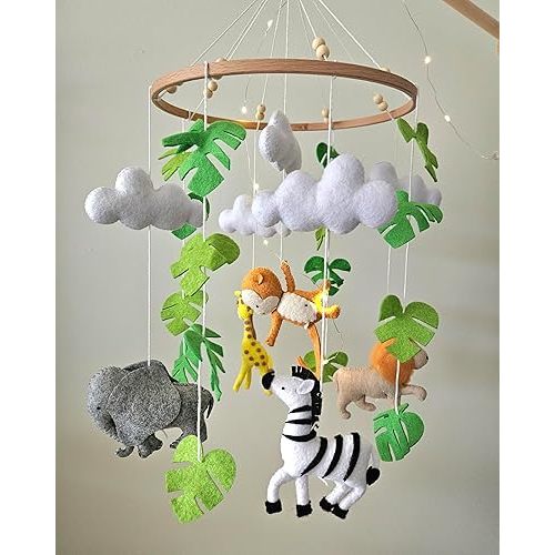 Safari Crib Mobile, Jungle Animal Crib Nursery Decor, Giraffe, Elephant, Monkey, Zebra, Felt Animals, Undefined