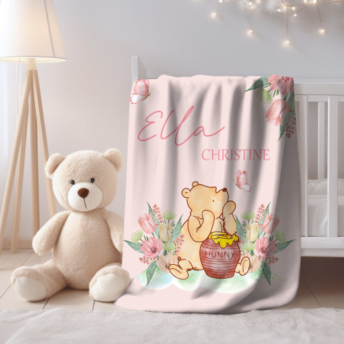 Pooh Baby Blanket, Kids Name Blanket, Personalized Name Throw, Pink Baby Girl Blanket, Nursery Girl Blanket, Newborn Girl Winnie Blanket, B3