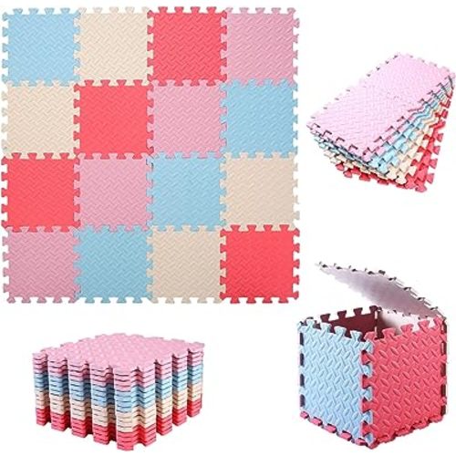 16 Tiles Foam Play Mat, 0.4 Inch Thicked Interlocking Floor Mats with Solid Colors, Squares Baby Play Mat, EVA Foam Puzzle Floor Mat Foam Mats for Toddlers(Red/Beige/Pink/Sky Blue)