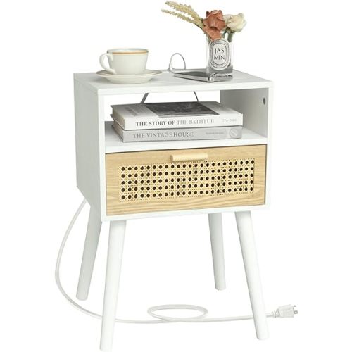 MaxSmeo Nightstand with Charging Station, Bedside Tables with Rattan Drawer, Mid Century Modern Nightstand, End Table for Living Room, Bedroom and Small Spaces, Easy Assembly (White)