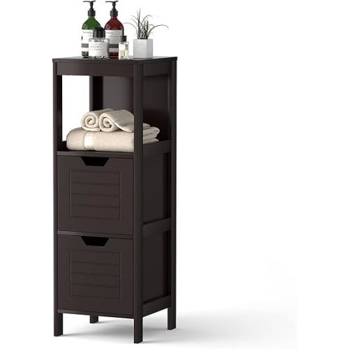 DORTALA Bathroom Storage Cabinet, Multifunctional Wooden Storage Rack Free Standing Organizer w/ 2 Drawers, Space-Saving Bathroom Floor Cabinet for Living Room Bathroom Bedroom Entryway, Brown