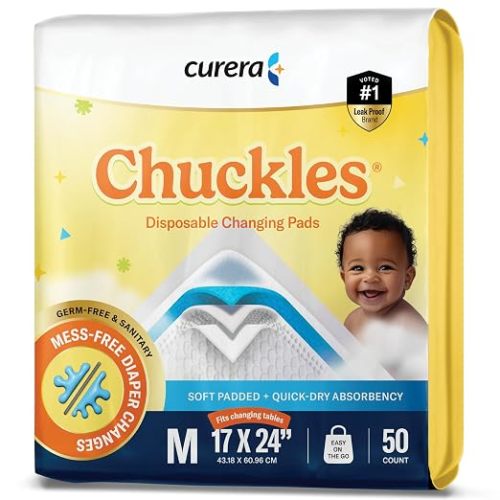 Chuckles® 5-Layer Disposable Changing Pads - 17x24 [50-Pack] Baby Liners | Disposable Diaper Changing Pad, Baby Pee Pads, Hypoallergenic Changing Pads for Travel, Curera Brand Underpads