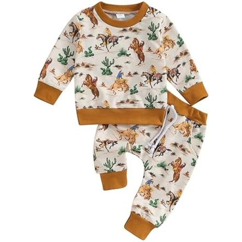 SAYOO Western Baby Boy Clothes Cow Print Sweatshirt Pullover Top Jogger Pants 2Pcs Toddler Boy Cowboy Fall Winter Outfits