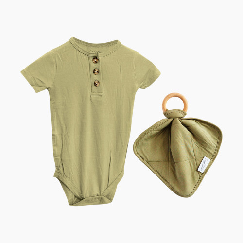 Snuggle Shield LUXE Bamboo 3 Button Bodysuit and Matching Beechwood Lovey Teether Set - Moss Green, 0-3 M