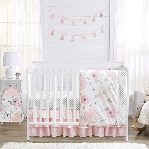 Sweet Jojo Designs 4-Piece Baby Crib Bedding Set (Pink/Grey Boho Floral) for Girls, Infants/Nursery incl. Blanket, Fitted Sheet, Skirt, Diaper Stacker (Watercolor, Elegant Rose, Polka Dot, Blush Gray)