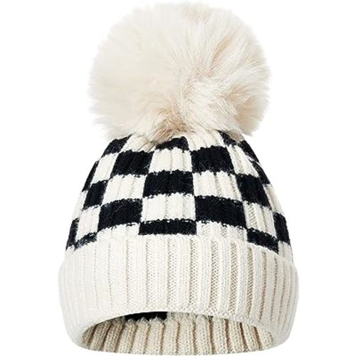 Toddler Beanies for Baby Boys Girls Knit Cap with Pom Pom Checkerboard Warm Winter Hats 1-4T