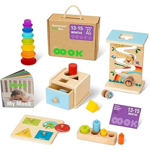 Montessori Toys for 1 Year Old, 6 in 1 Wooden Educational Toys for 1 Year Old with Cylinder Block, Ball Drop, Nesting Cups, Sorting Drop Box and More. Perfect Montessori Gift for 12-18 Months.