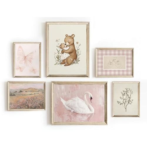 ZARTMYY Vintage Nursery Wall Art Pink Baby Girl Room Decor Floral Bear Swan Canvas Prints Animals Plant Artwork Country Posters for Kids Room Bedroom 8x10x4 12x16x2 lnch Unframed